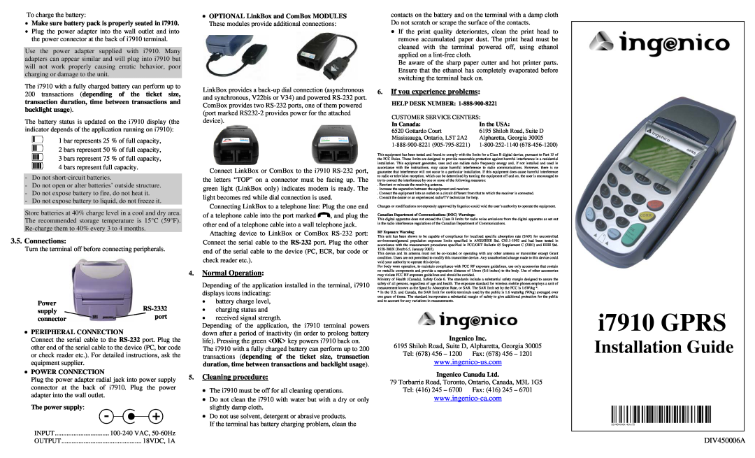 Ingenico I7910 manual DIV450006A, i7910 GPRS, Installation Guide 