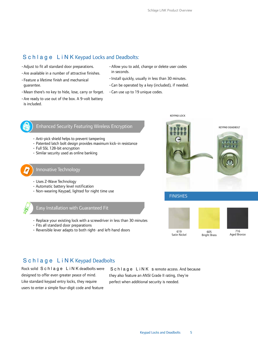 Ingersoll-Rand 1-877-288-7707 manual Schlage LiNK Keypad Locks and Deadbolts, Schlage LiNK Keypad Deadbolts 