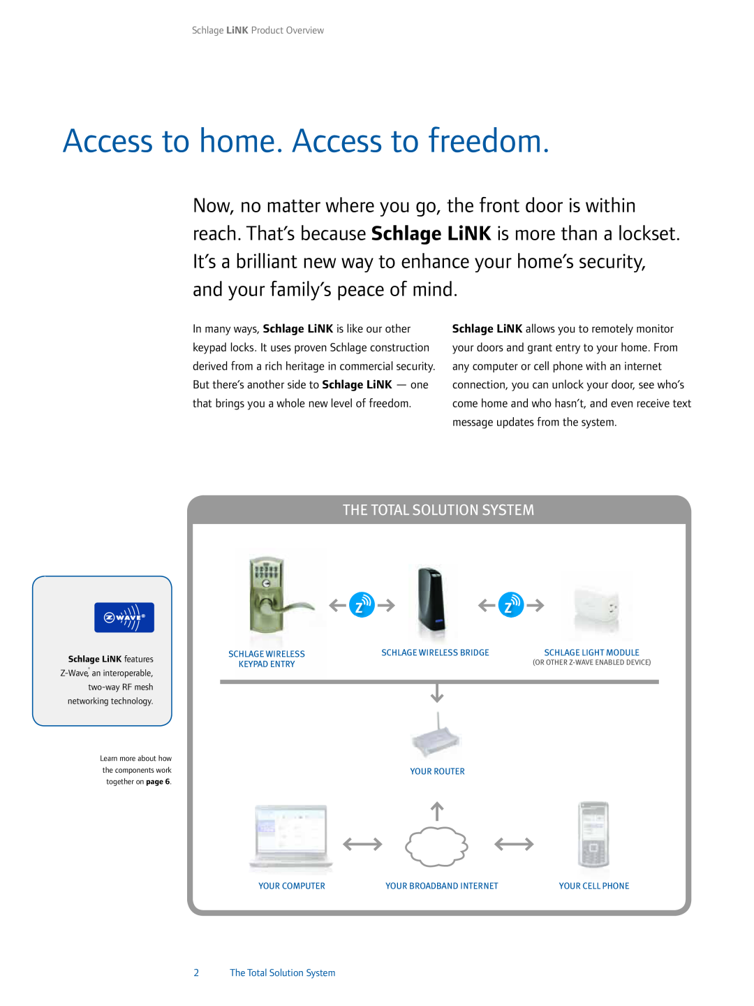 Ingersoll-Rand 1-877-288-7707 Access to home. Access to freedom, The Total Solution System, Schlage LiNK Product Overview 