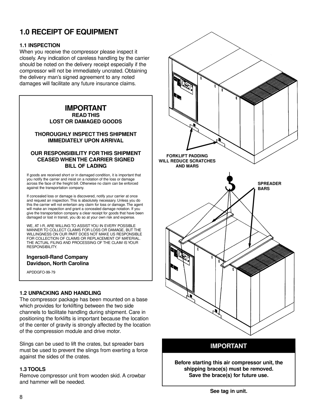 Ingersoll-Rand 100-200 HP/75-160 KW Inspection, Ingersoll-Rand Company Davidson, North Carolina, Unpacking and Handling 