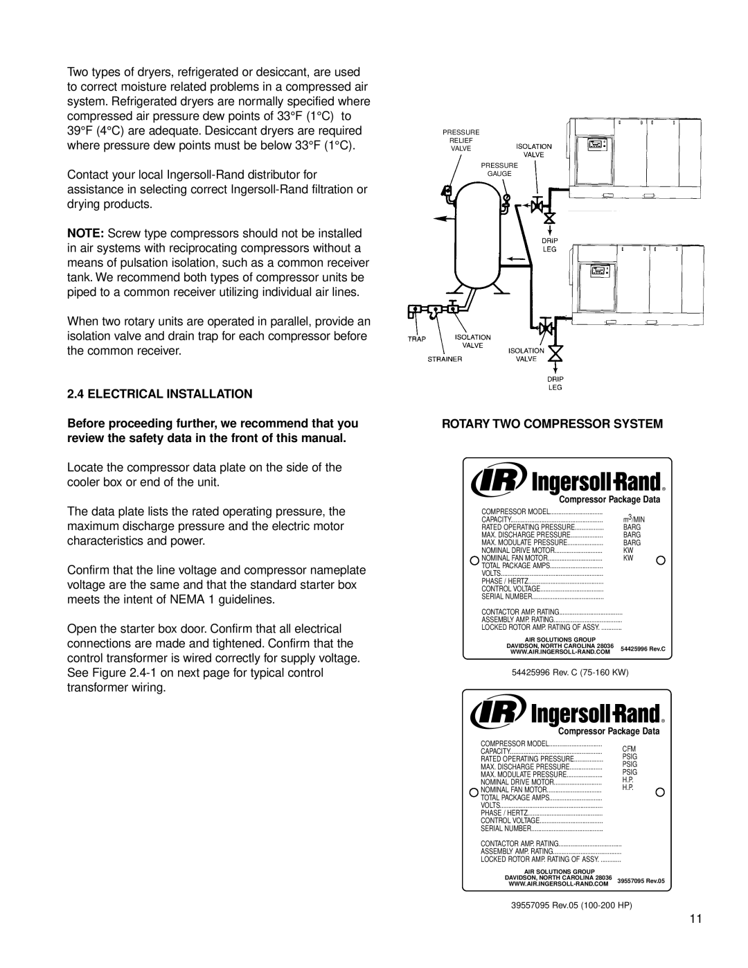 Ingersoll-Rand 125-200 HP/90-160 KW, 100-200 HP/75-160 KW Electrical Installation, Rotary TWO Compressor System 