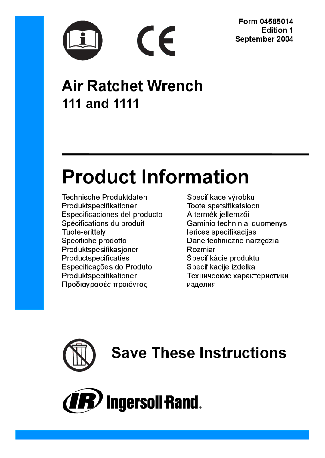 Ingersoll-Rand 1111 manual Product Information, Form Edition September 