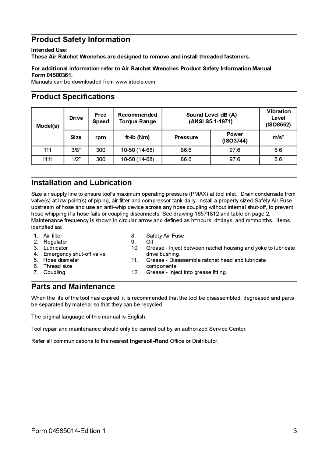 Ingersoll-Rand 111 Product Safety Information, Product Specifications, Installation and Lubrication, Parts and Maintenance 