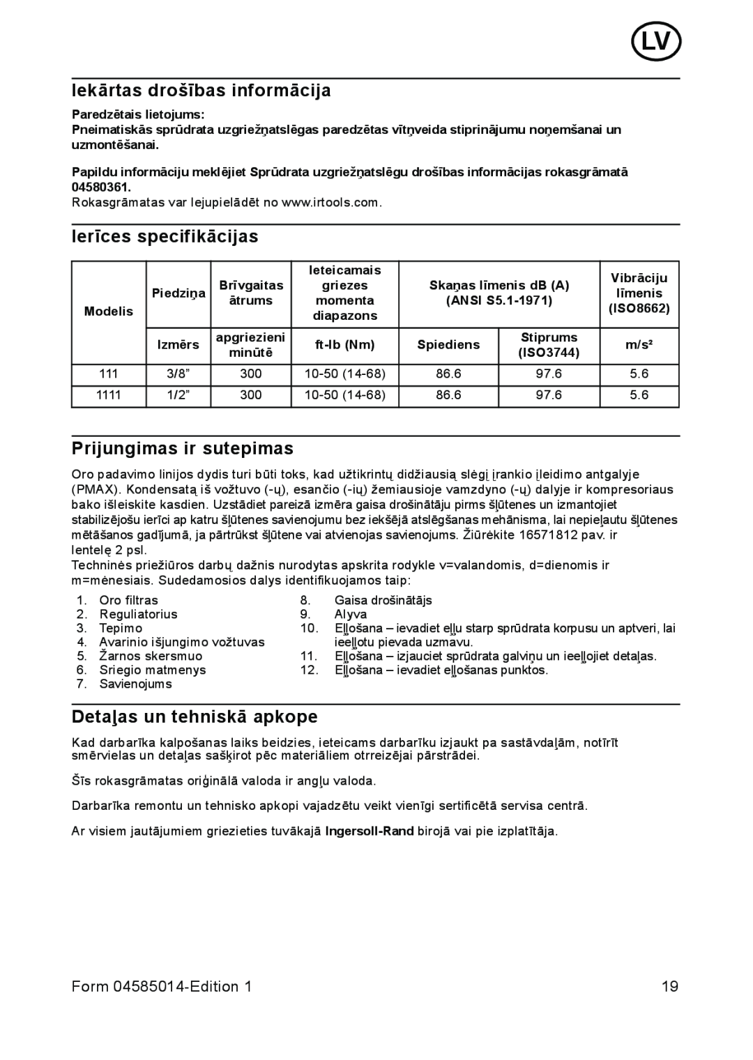 Ingersoll-Rand 111 Iekārtas drošības informācija, Ierīces specifikācijas, Prijungimas ir sutepimas, Form 04585014-Edition 