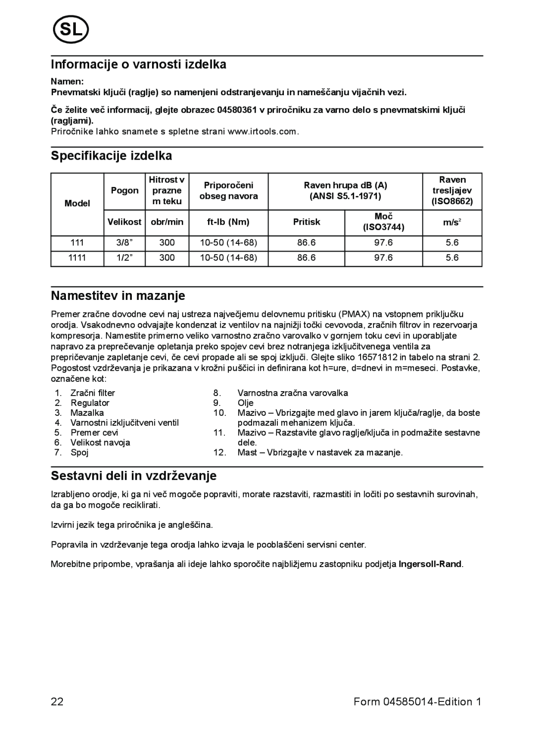 Ingersoll-Rand 1111 Informacije o varnosti izdelka, Specifikacije izdelka, Namestitev in mazanje, Form 04585014-Edition 