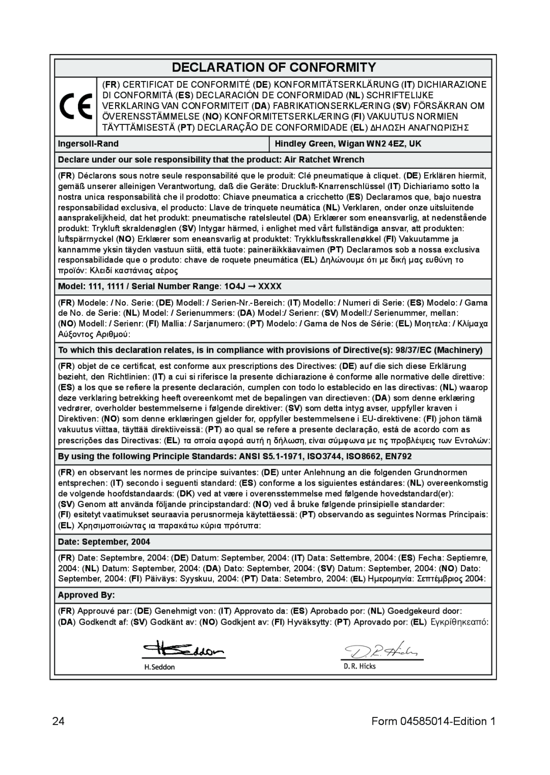 Ingersoll-Rand 1111 Declaration Of Conformity, Form 04585014-Edition, Ingersoll-Rand, Hindley Green, Wigan WN2 4EZ, UK 