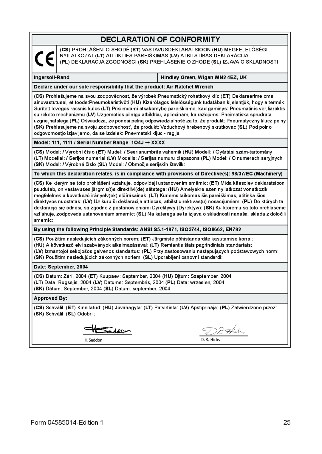 Ingersoll-Rand 111 Declaration Of Conformity, Form 04585014-Edition, Ingersoll-Rand, Hindley Green, Wigan WN2 4EZ, UK 