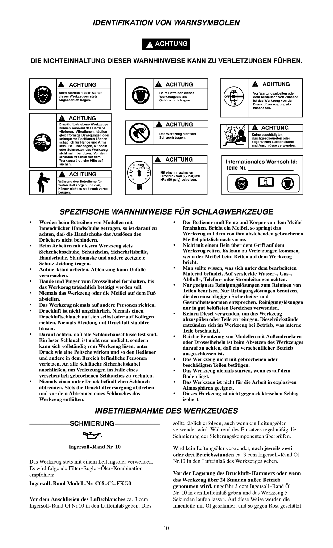 Ingersoll-Rand 115, 116--EU, 117 Identifikation VON Warnsymbolen, Spezifische Warnhinweise FÜR Schlagwerkzeuge, Schmierung 