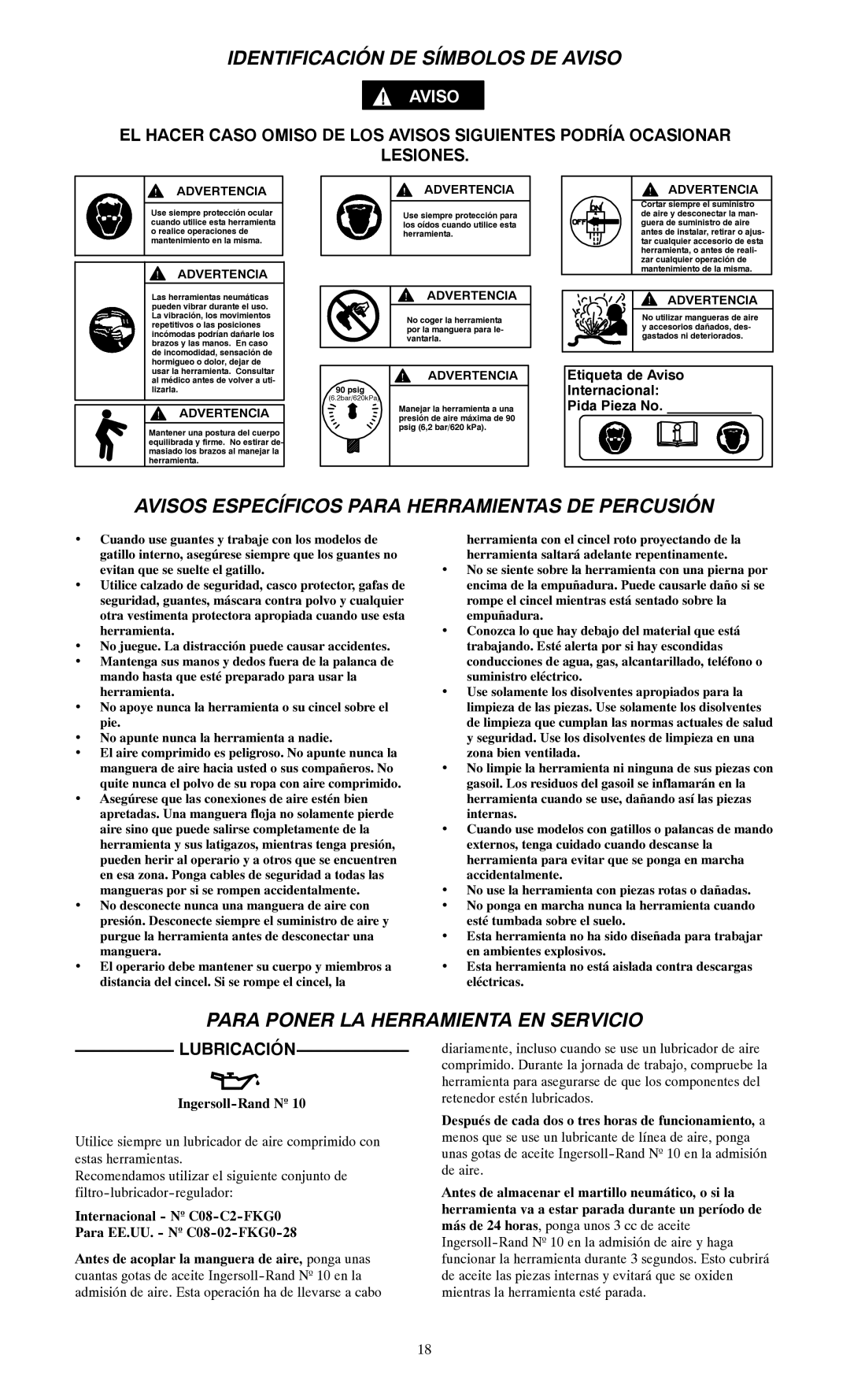 Ingersoll-Rand 116--EU Identificación DE Símbolos DE Aviso, Avisos Específicos Para Herramientas DE Percusión, Lubricación 