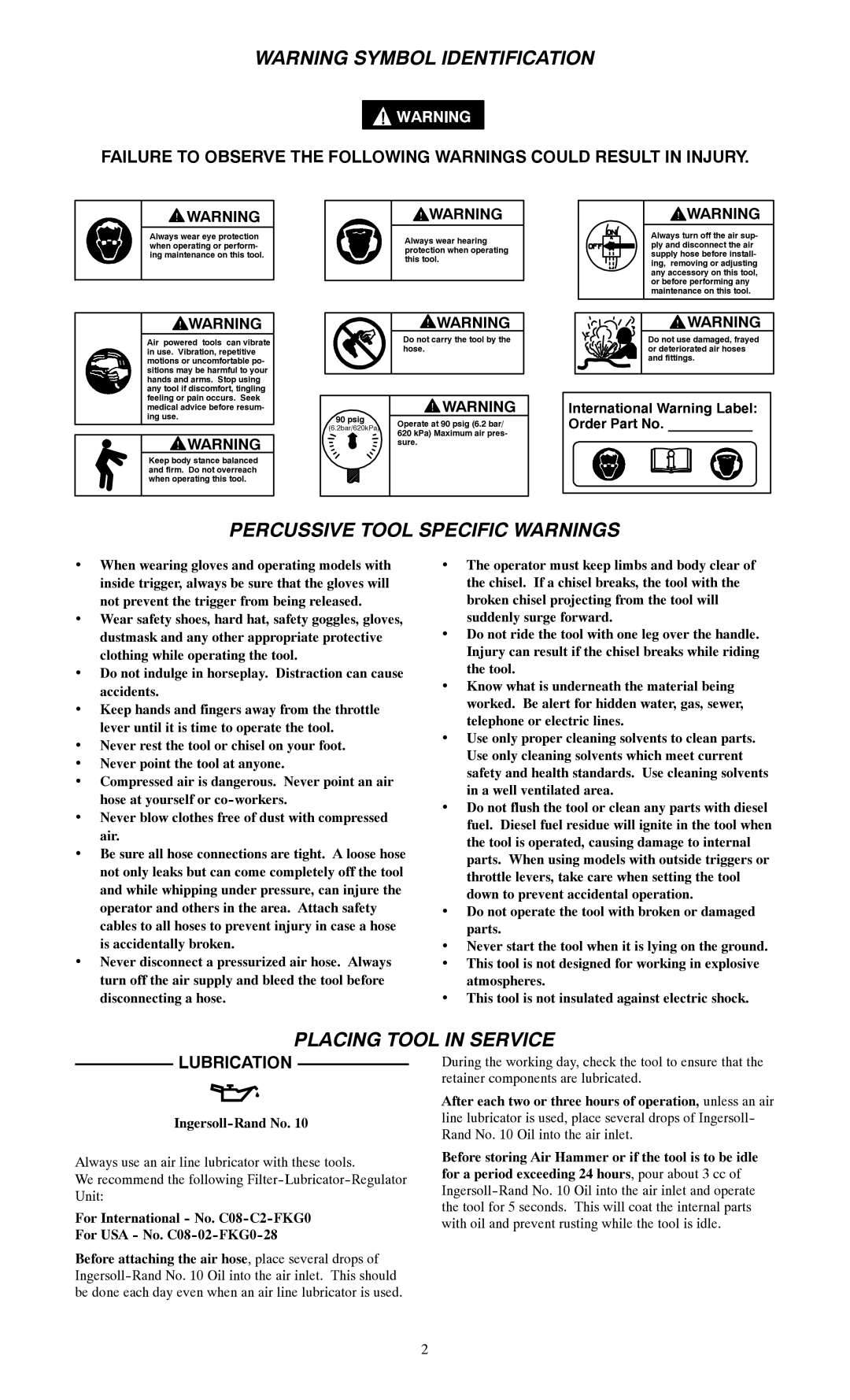 Ingersoll-Rand 115--EU, 116--EU, 117--EU manual Percussive Tool Specific Warnings, Placing Tool in Service, Lubrication 