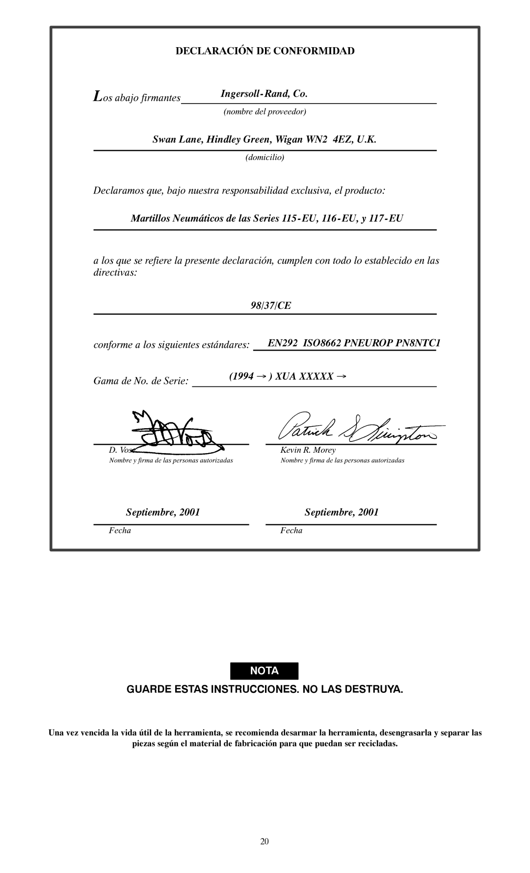 Ingersoll-Rand 115--EU, 116--EU, 117--EU manual Guarde Estas INSTRUCCIONES. no LAS Destruya 