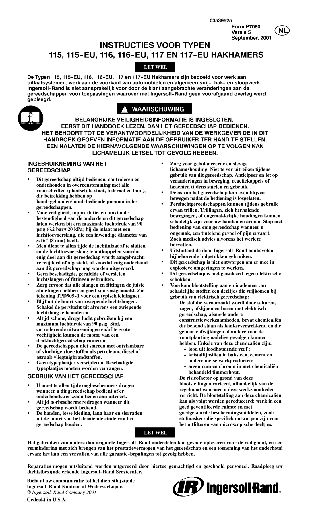 Ingersoll-Rand 117--EU, 116--EU, 115--EU manual Instructies Voor Typen, 115, 115-EU, 116, 116-EU, 117 EN 117-EU Hakhamers 