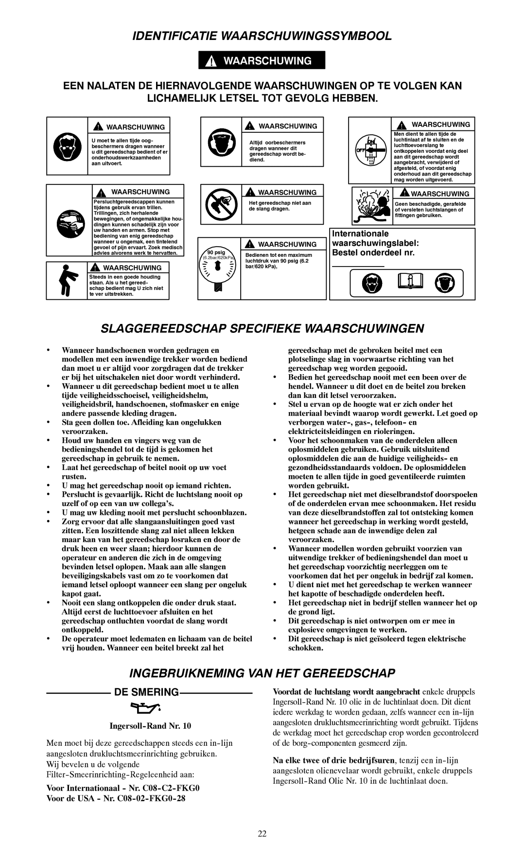 Ingersoll-Rand 115, 116--EU, 117 Identificatie Waarschuwingssymbool, Slaggereedschap Specifieke Waarschuwingen, DE Smering 