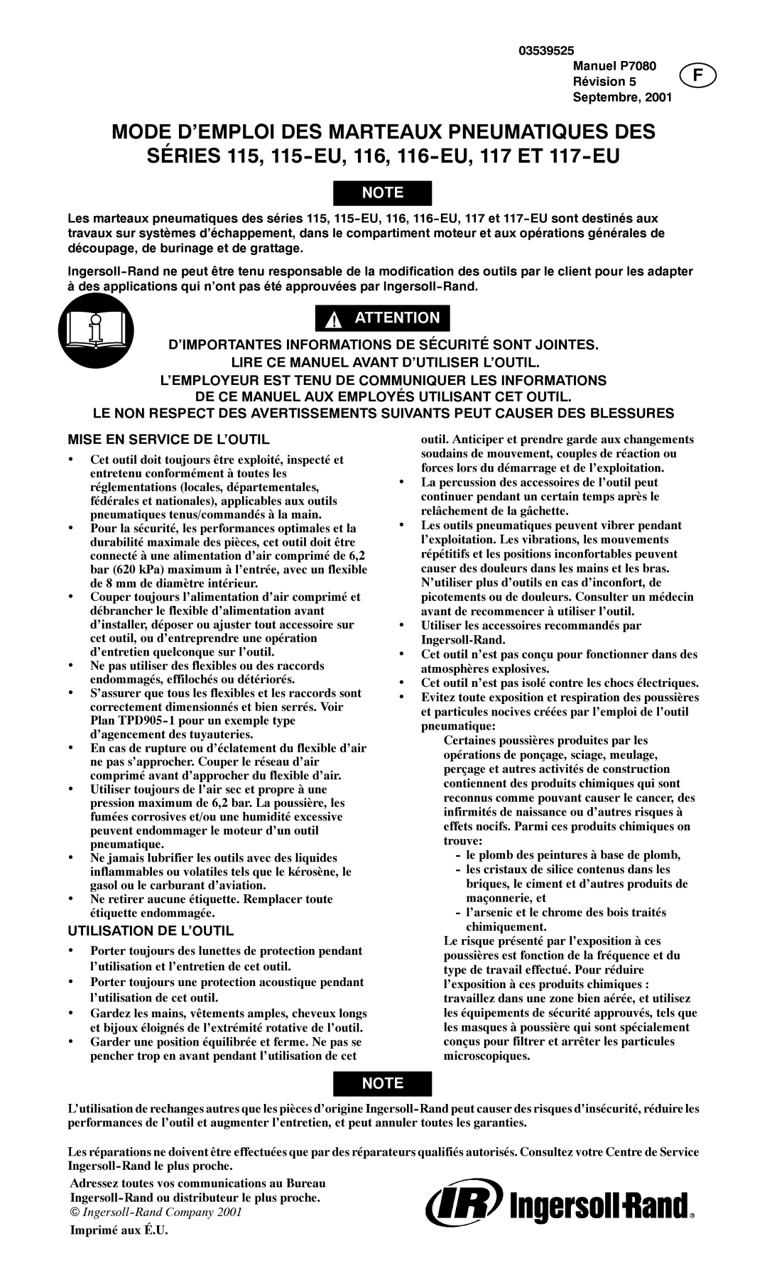 Ingersoll-Rand 116--EU Mode D’EMPLOI DES Marteaux Pneumatiques DES, Séries 115, 115-EU, 116, 116-EU, 117 ET 117-EU 