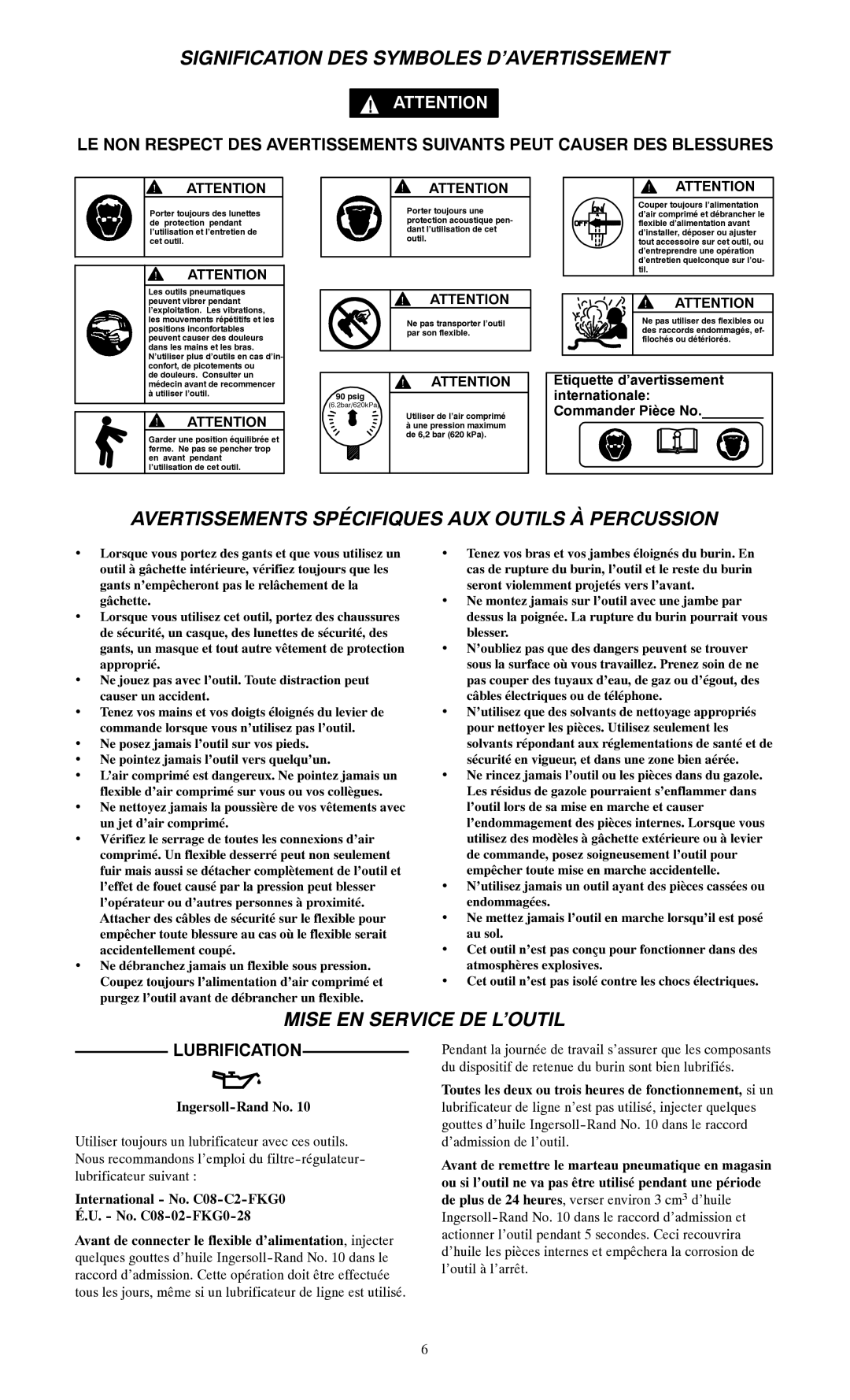 Ingersoll-Rand 116--EU, 115 Signification DES Symboles D’AVERTISSEMENT, Avertissements Spécifiques AUX Outils À Percussion 