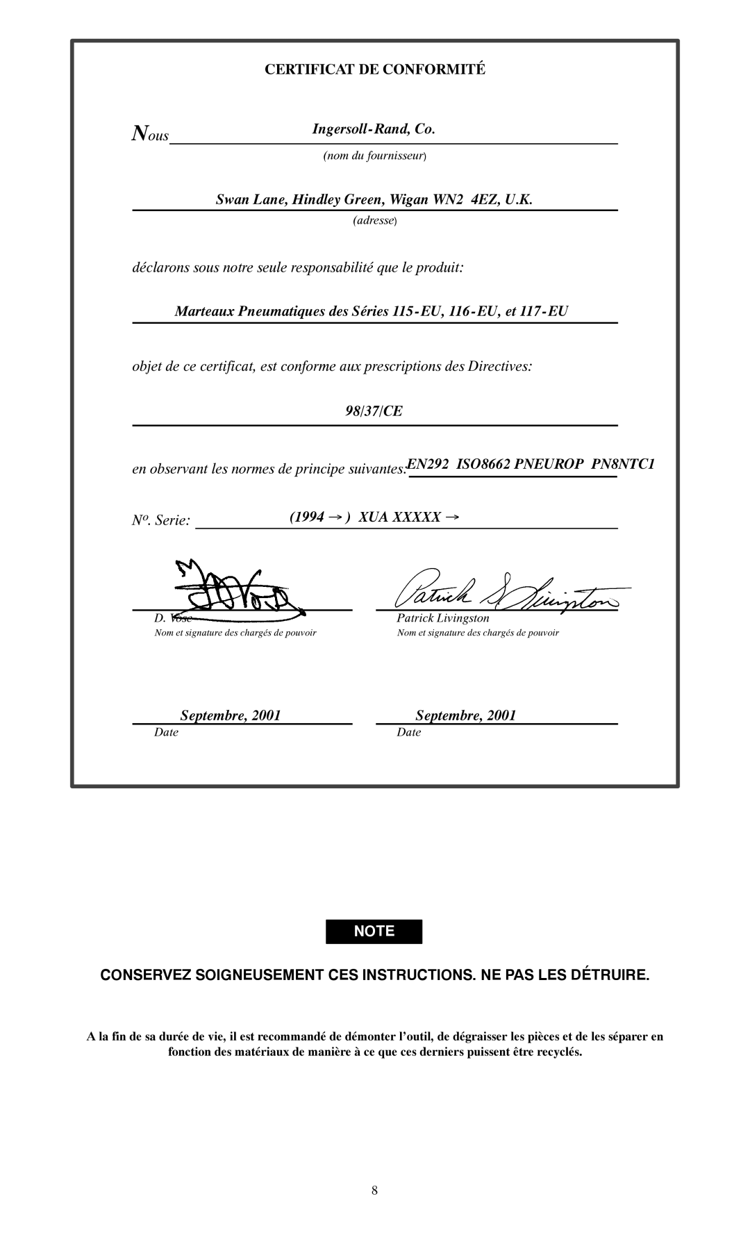 Ingersoll-Rand 115--EU, 116--EU, 117--EU manual Certificat DE Conformité 