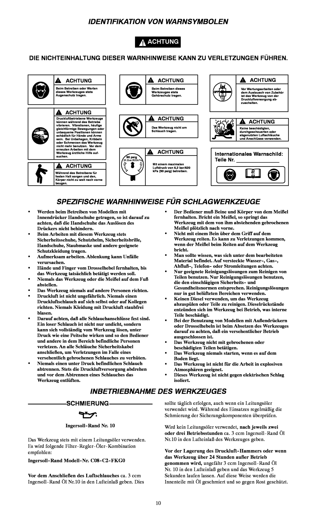Ingersoll-Rand 115, 116 Identifikation Von Warnsymbolen, Spezifische Warnhinweise Für Schlagwerkzeuge, Schmierung, Achtung 