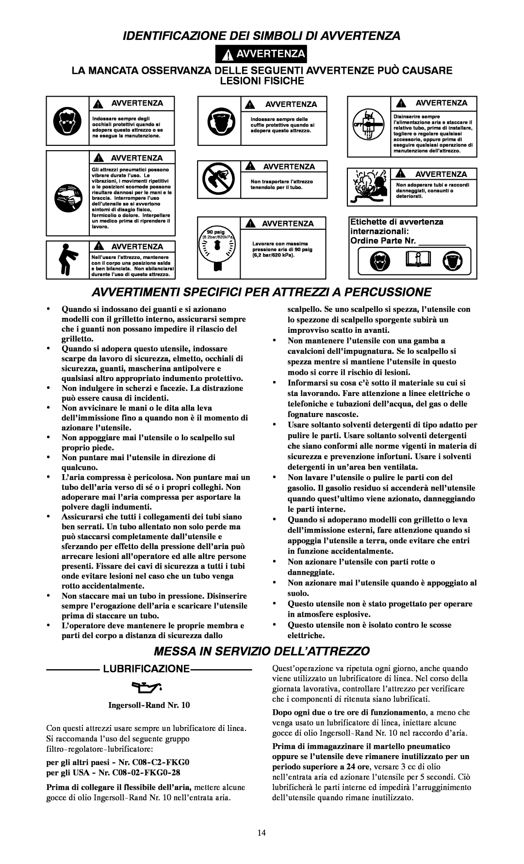 Ingersoll-Rand 115--EU, 116 Identificazione Dei Simboli Di Avvertenza, Avvertimenti Specifici Per Attrezzi A Percussione 