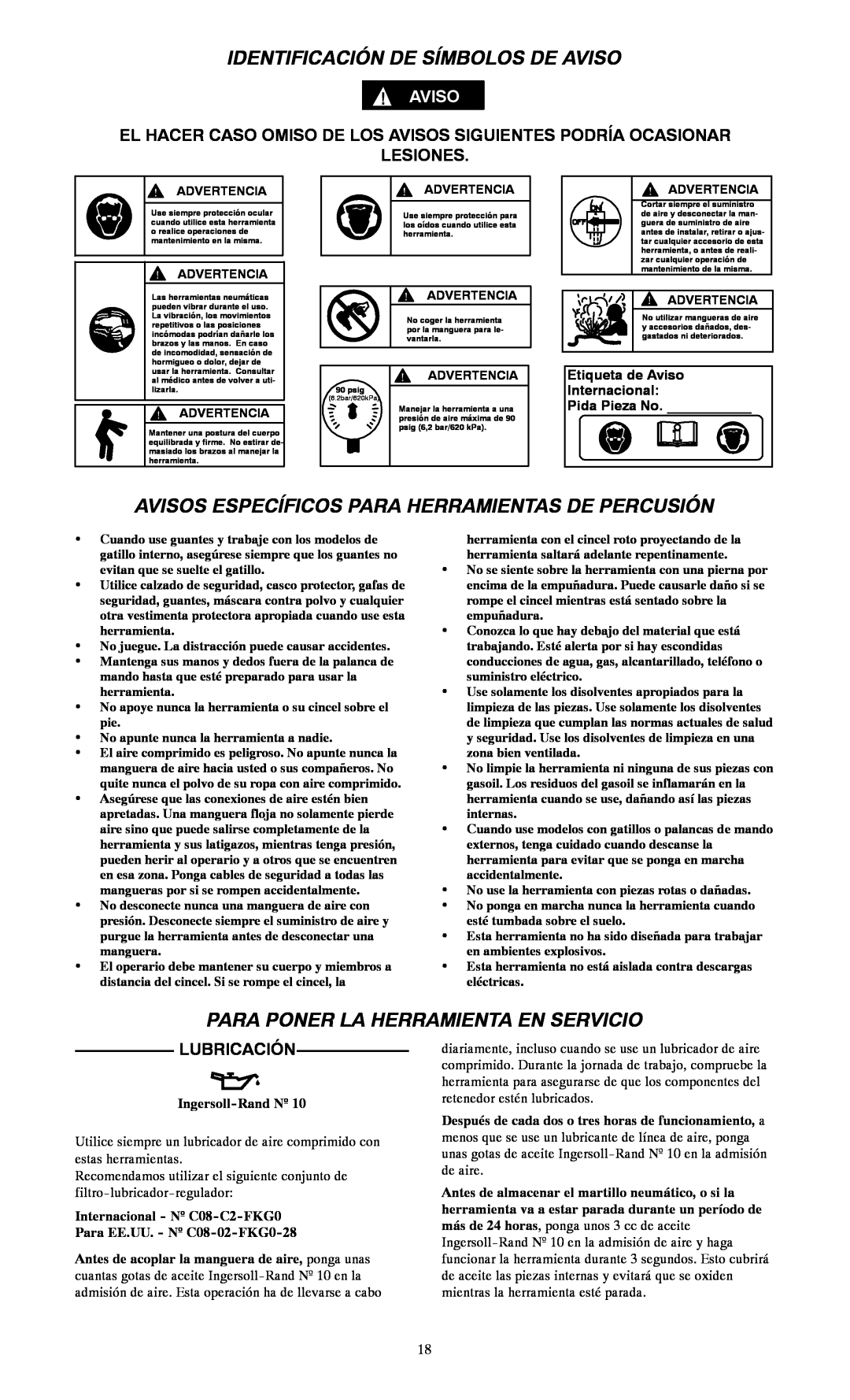 Ingersoll-Rand 116--EU Identificación De Símbolos De Aviso, Avisos Específicos Para Herramientas De Percusión, Lesiones 
