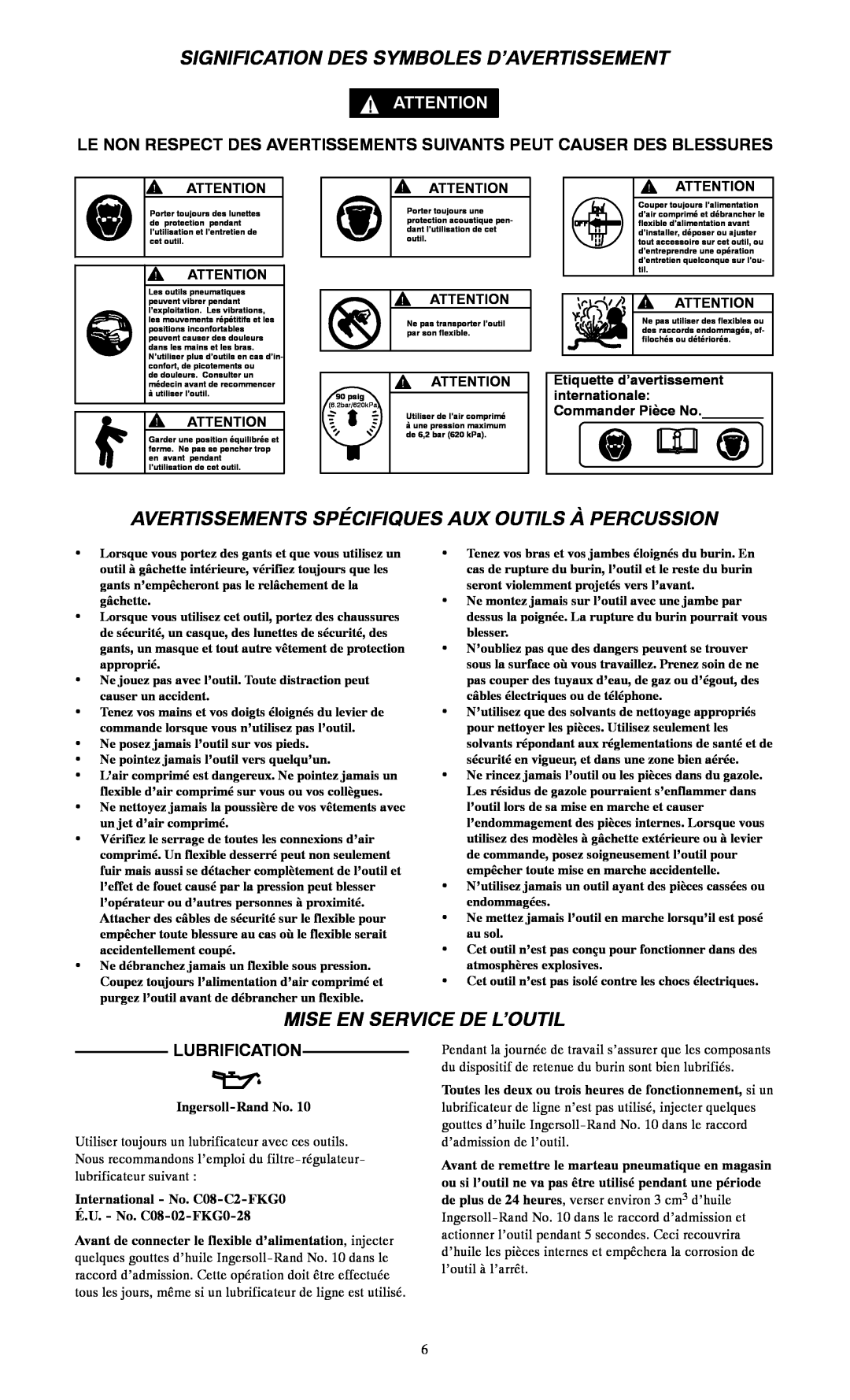 Ingersoll-Rand 116--EU, 115 Signification Des Symboles D’Avertissement, Avertissements Spécifiques Aux Outils À Percussion 