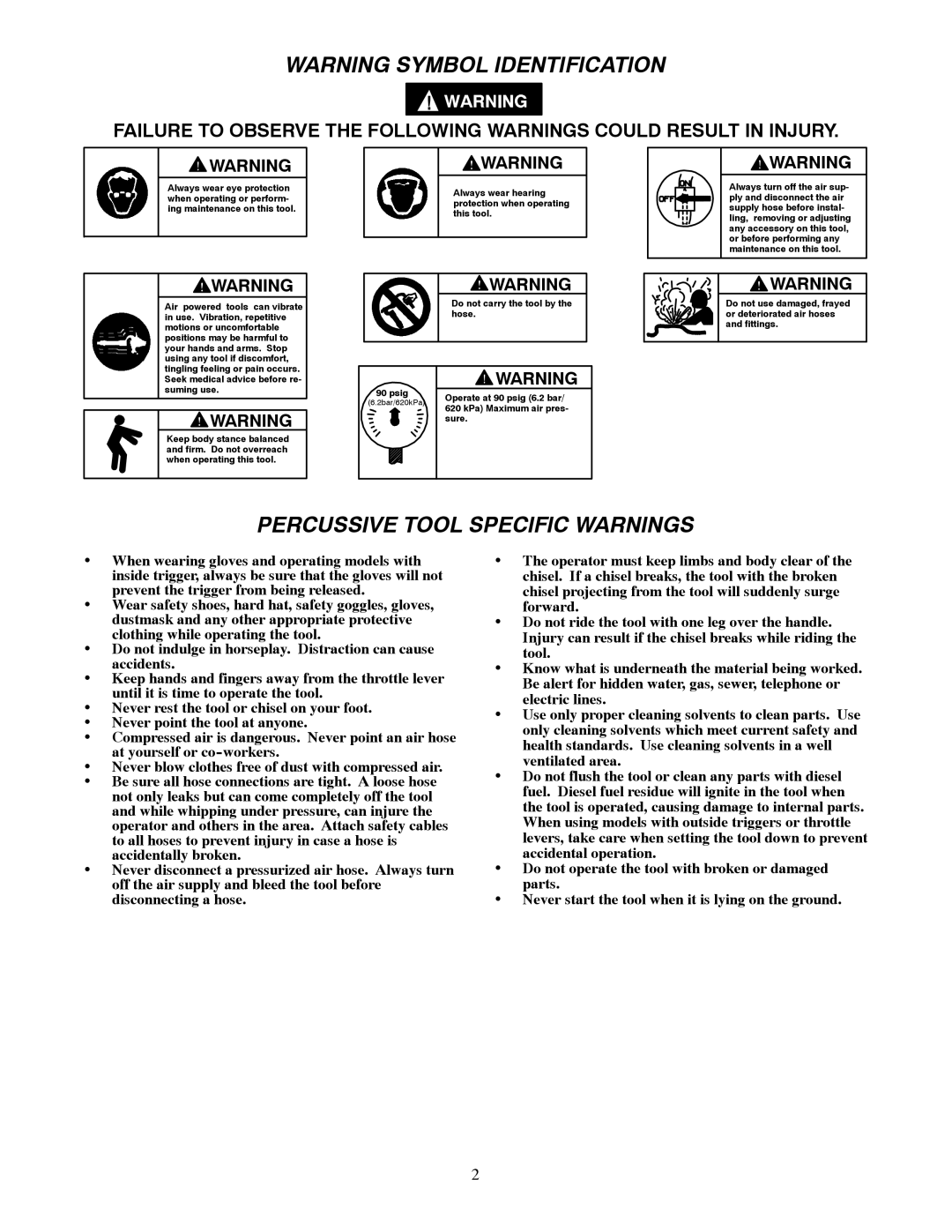 Ingersoll-Rand 132 manual Percussive Tool Specific Warnings 