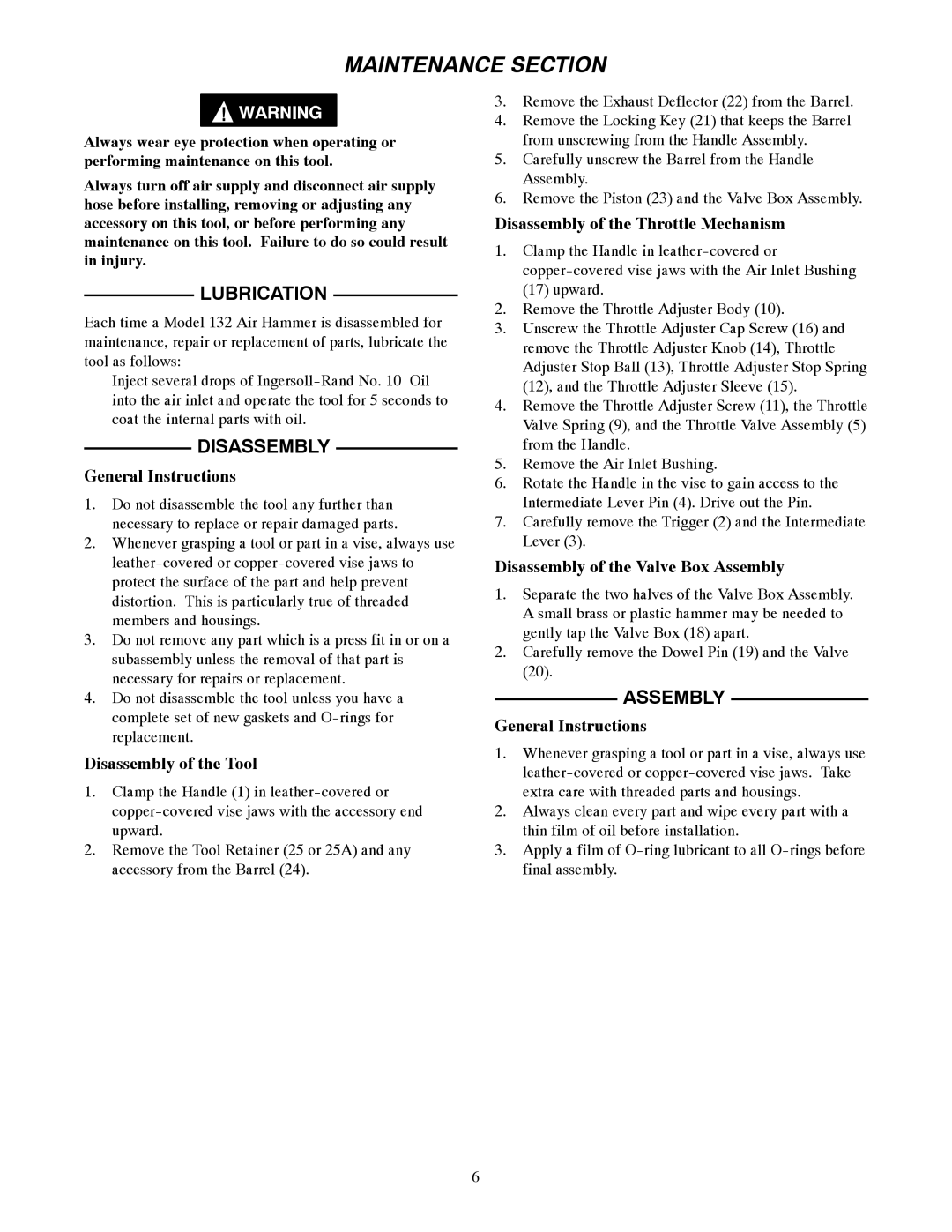 Ingersoll-Rand 132 manual Disassembly, Assembly 