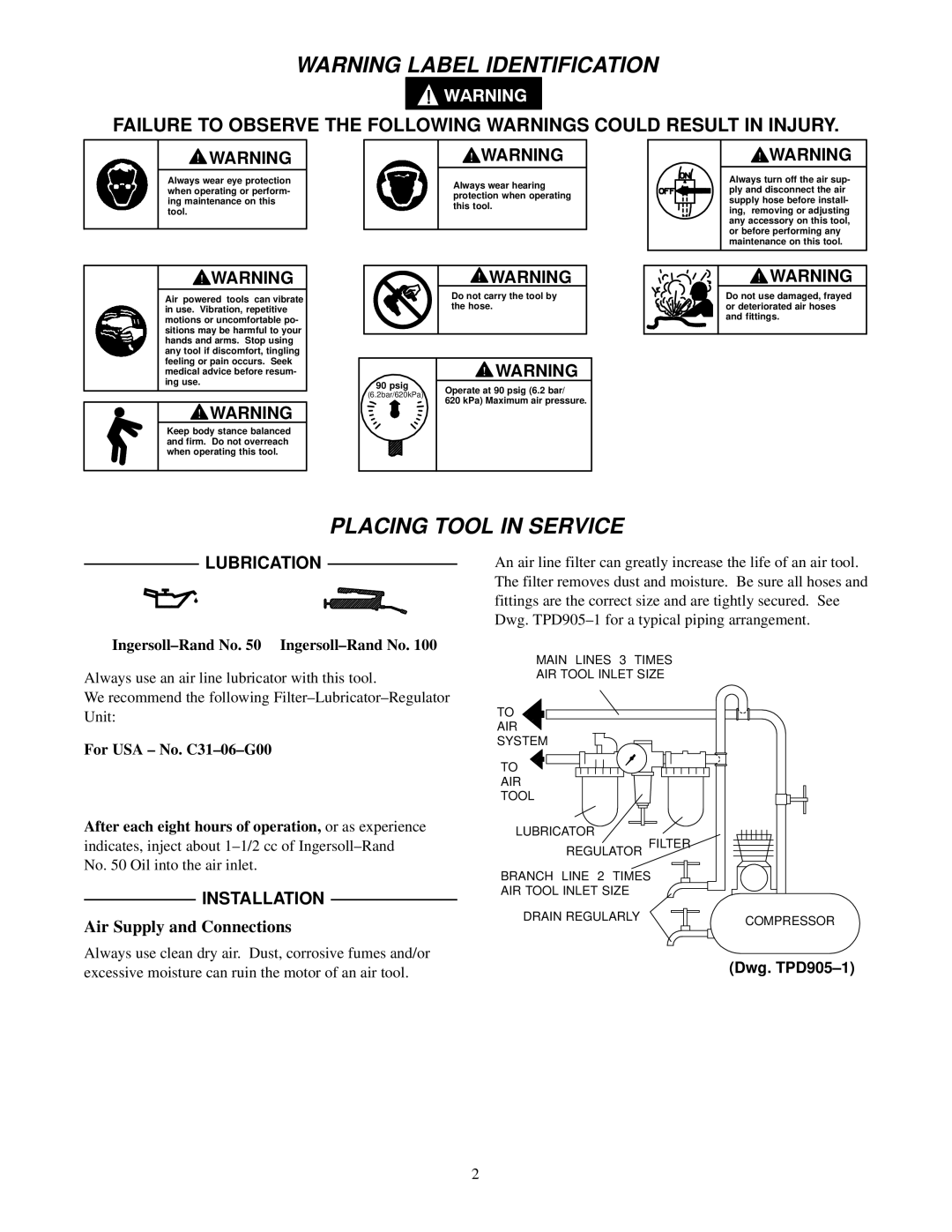 Ingersoll-Rand 1712B2/VW1035 manual Placing Tool in Service, Lubrication, Installation, Air Supply and Connections 