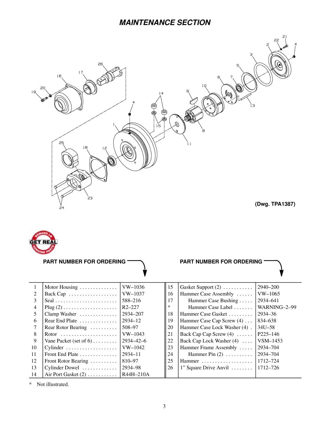 Ingersoll-Rand 1712B2/VW1035 manual Maintenance Section, Part Number for Ordering 