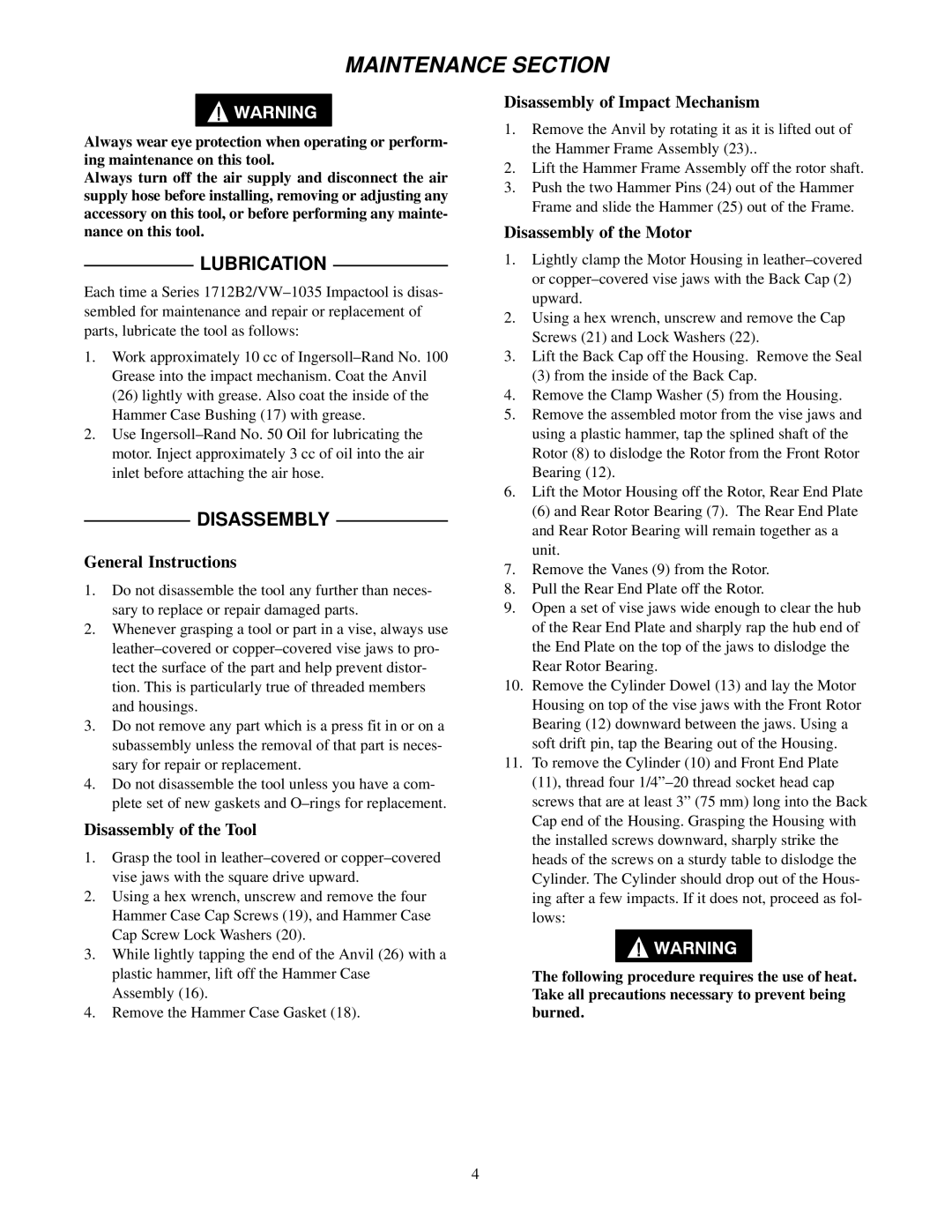 Ingersoll-Rand 1712B2/VW1035 manual Lubrication, Disassembly 