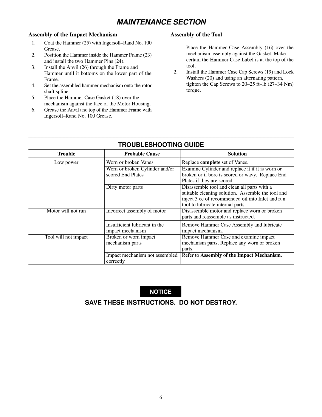 Ingersoll-Rand 1712B2/VW1035 manual Troubleshooting Guide, Save These INSTRUCTIONS. do not Destroy, Assembly of the Tool 