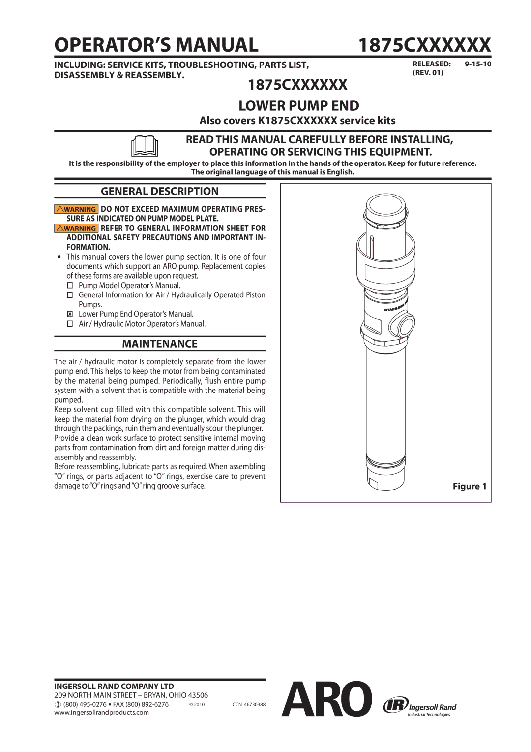 Ingersoll-Rand 1875CXXXXXX manual General Description, Maintenance, Pumped, Assembly and reassembly 