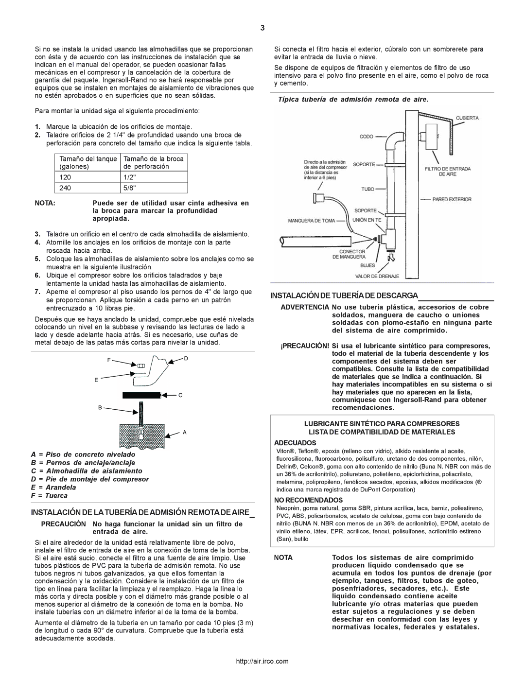 Ingersoll-Rand 2000P owner manual Instalación DE Latubería DE Admisión Remota DE Aire, Instalación DE Tuberíade Descarga 