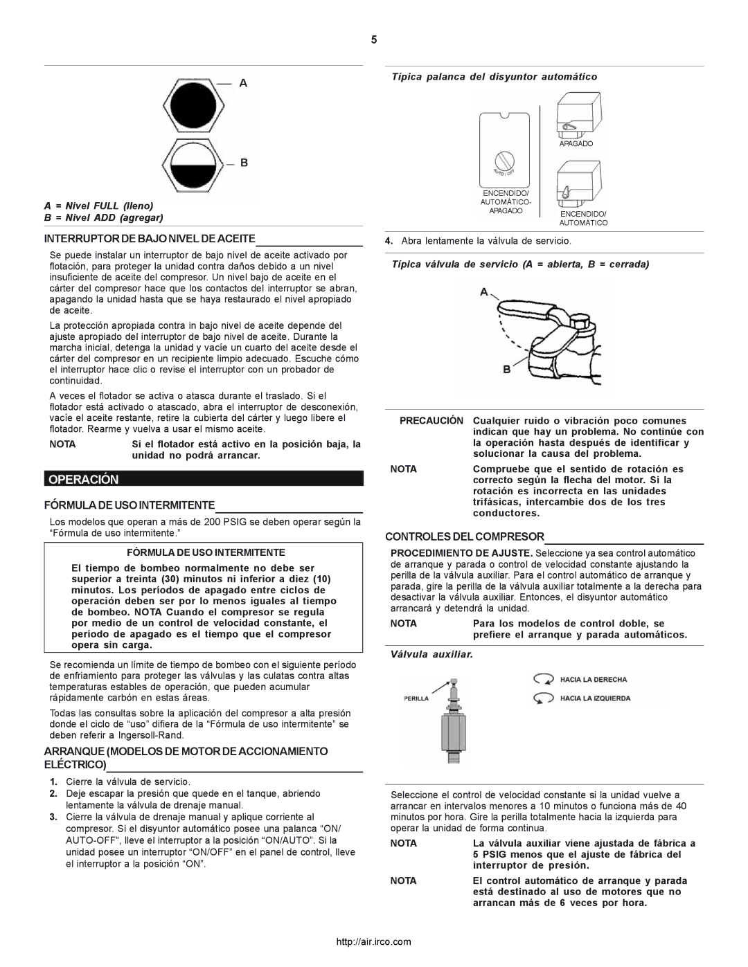 Ingersoll-Rand 2000P Operación, Interruptor DE Bajo Nivel DE Aceite, Fórmula DE USO Intermitente, Controles DEL Compresor 