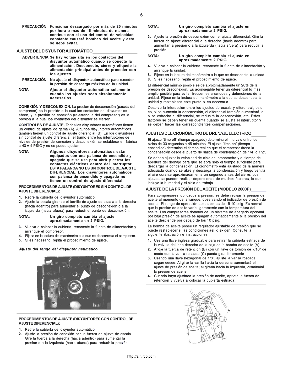 Ingersoll-Rand 2000P owner manual Ajuste DEL Disyuntor Automático, Ajustes DEL Cronómetro DE Drenaje Eléctrico 