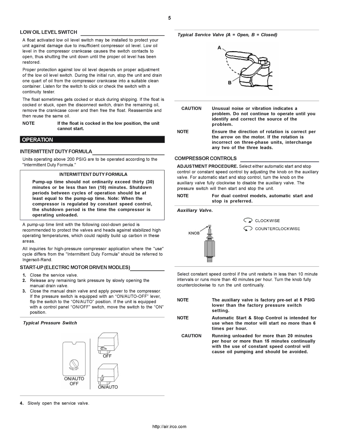 Ingersoll-Rand 2000P Operation, LOW OIL Level Switch, Intermittent Duty Formula, START-UP Electric Motor Driven Modles 