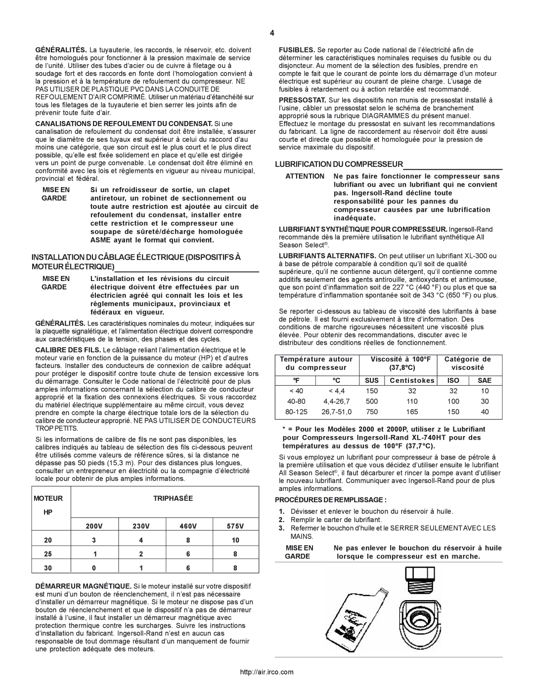 Ingersoll-Rand 2000P owner manual Lubrification DU Compresseur, Moteur Triphasée, Procédures DE Remplissage 