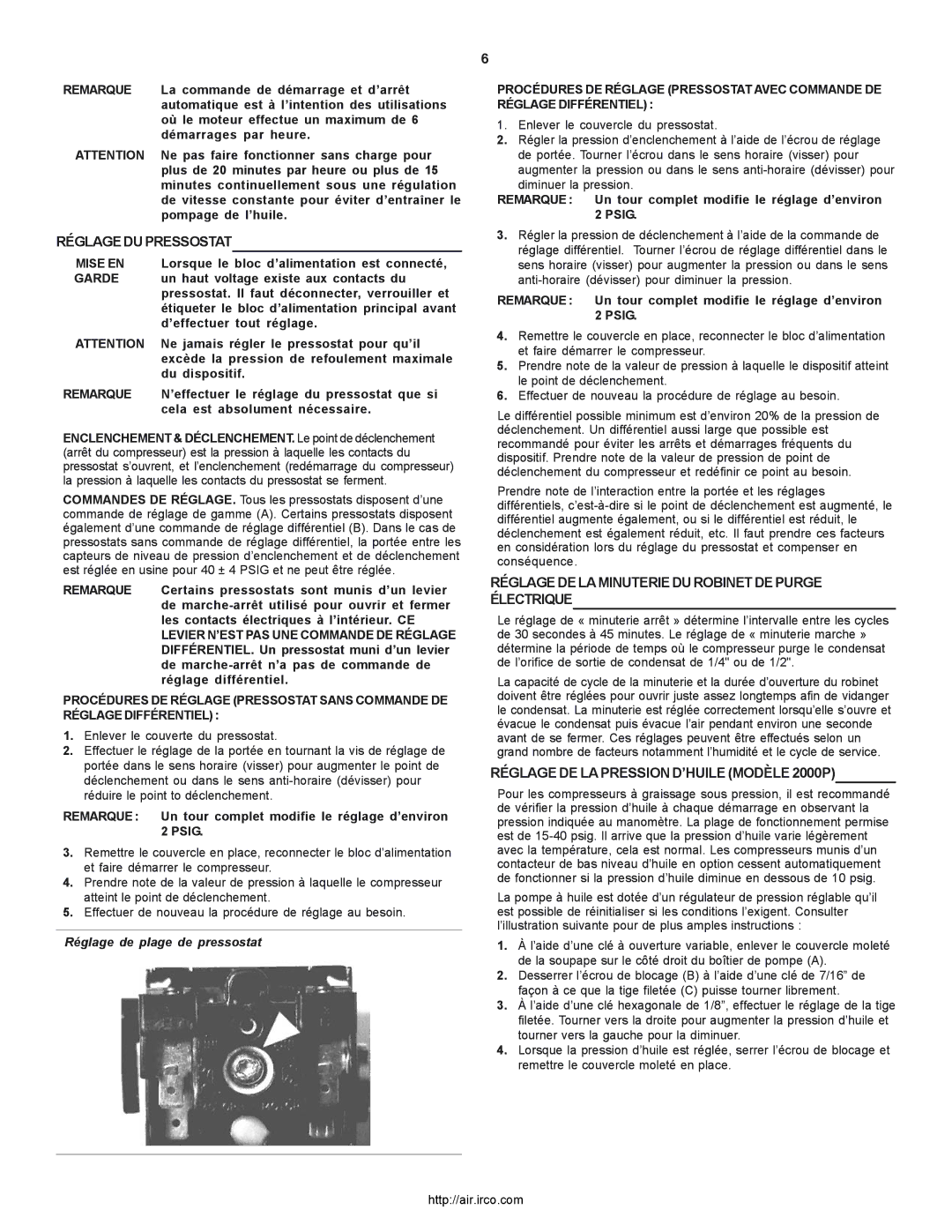 Ingersoll-Rand 2000P owner manual Réglage DU Pressostat, Réglage DE LA Minuterie DU Robinet DE Purge Électrique, Psig 