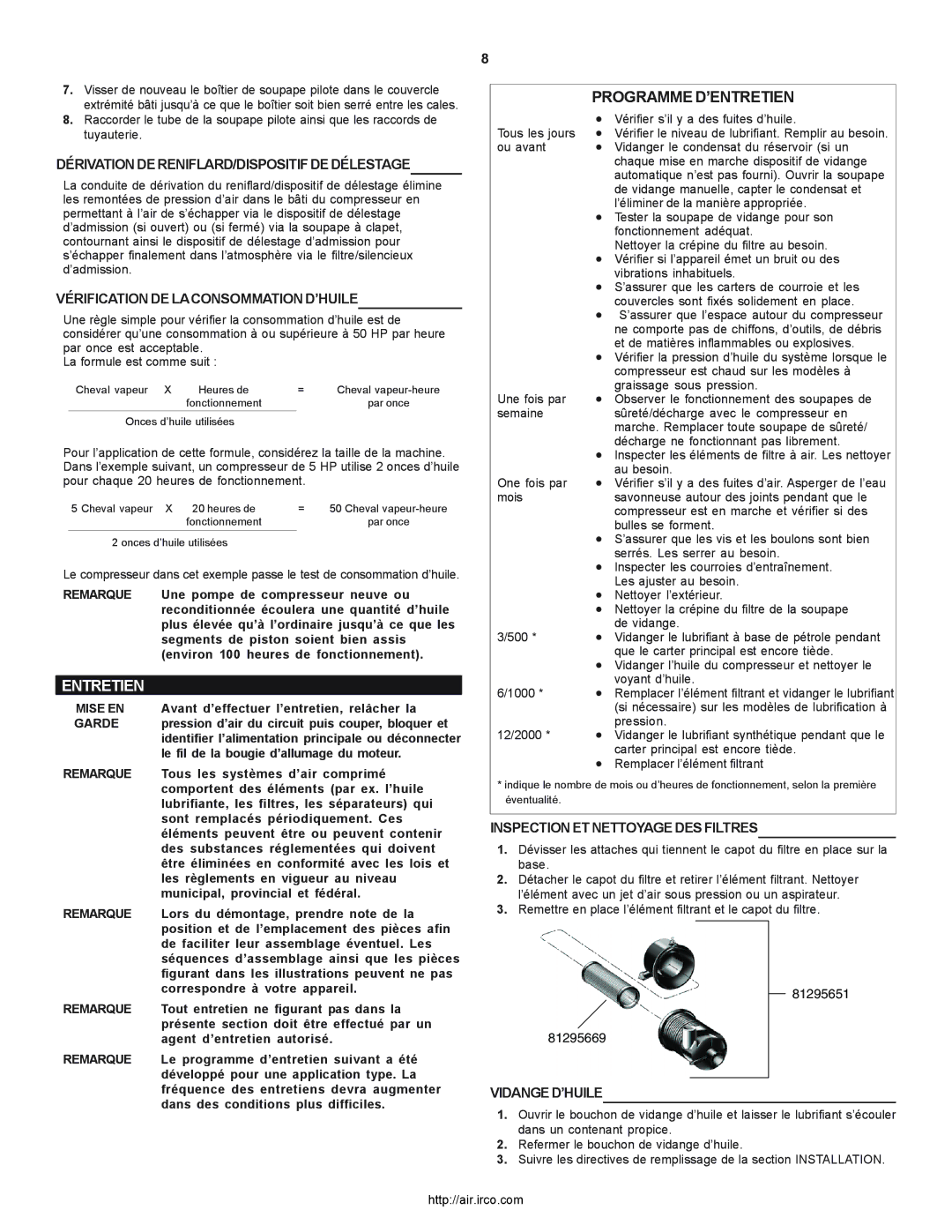 Ingersoll-Rand 2000P owner manual Programme D’ENTRETIEN, Entretien 