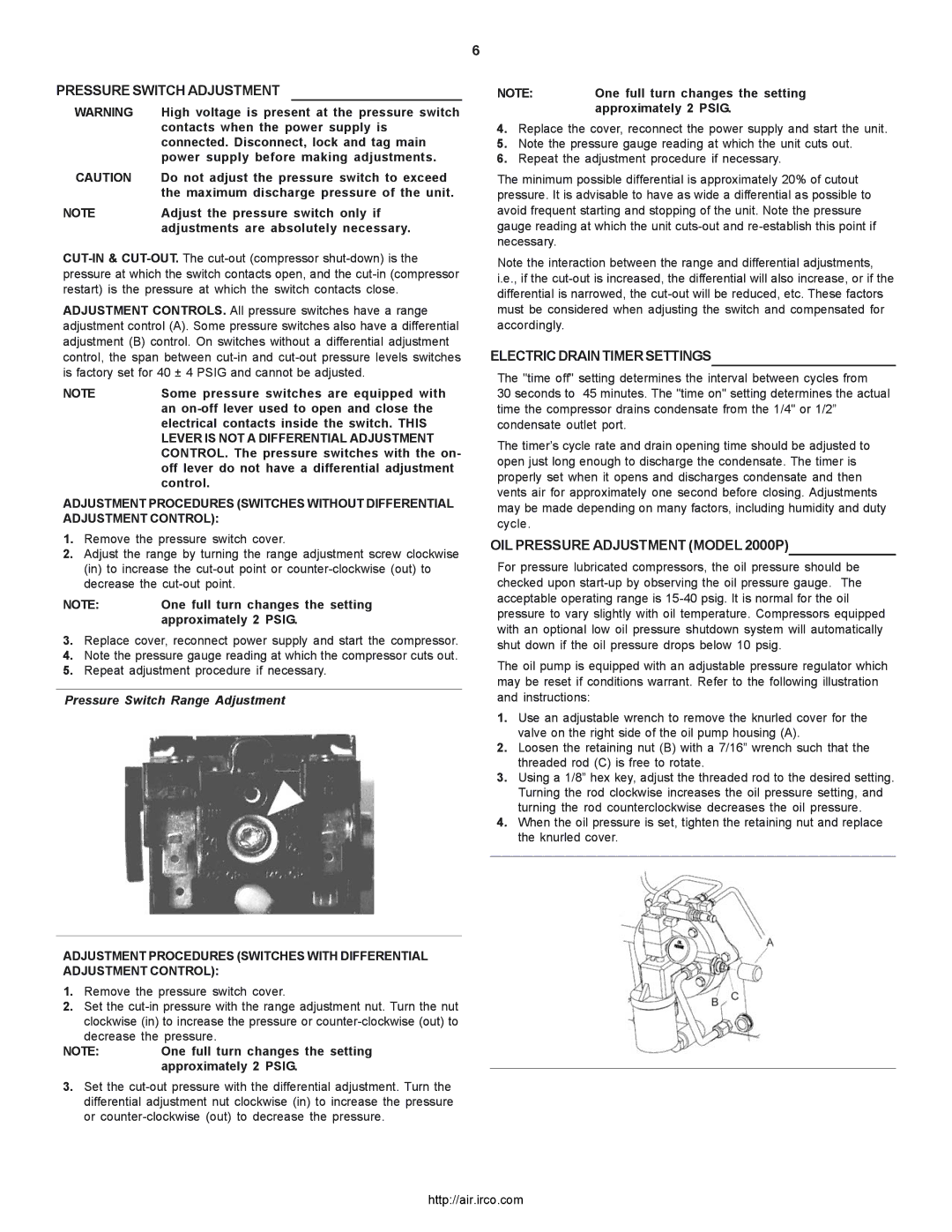 Ingersoll-Rand Pressure Switch Adjustment, Electric Drain Timer Settings, OIL Pressure Adjustment Model 2000P 