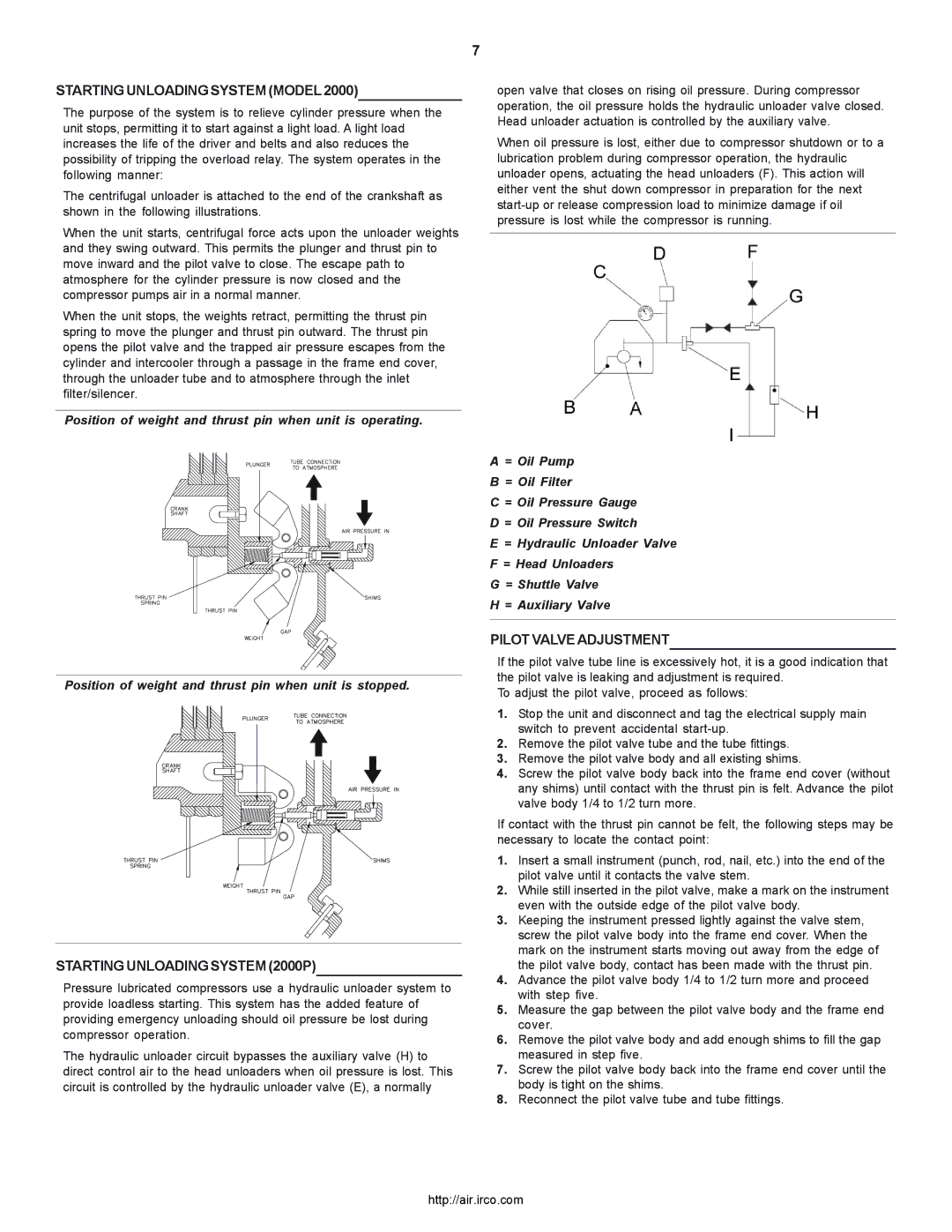 Ingersoll-Rand owner manual Starting Unloading System Model, Starting Unloading System 2000P, Pilot Valve Adjustment 