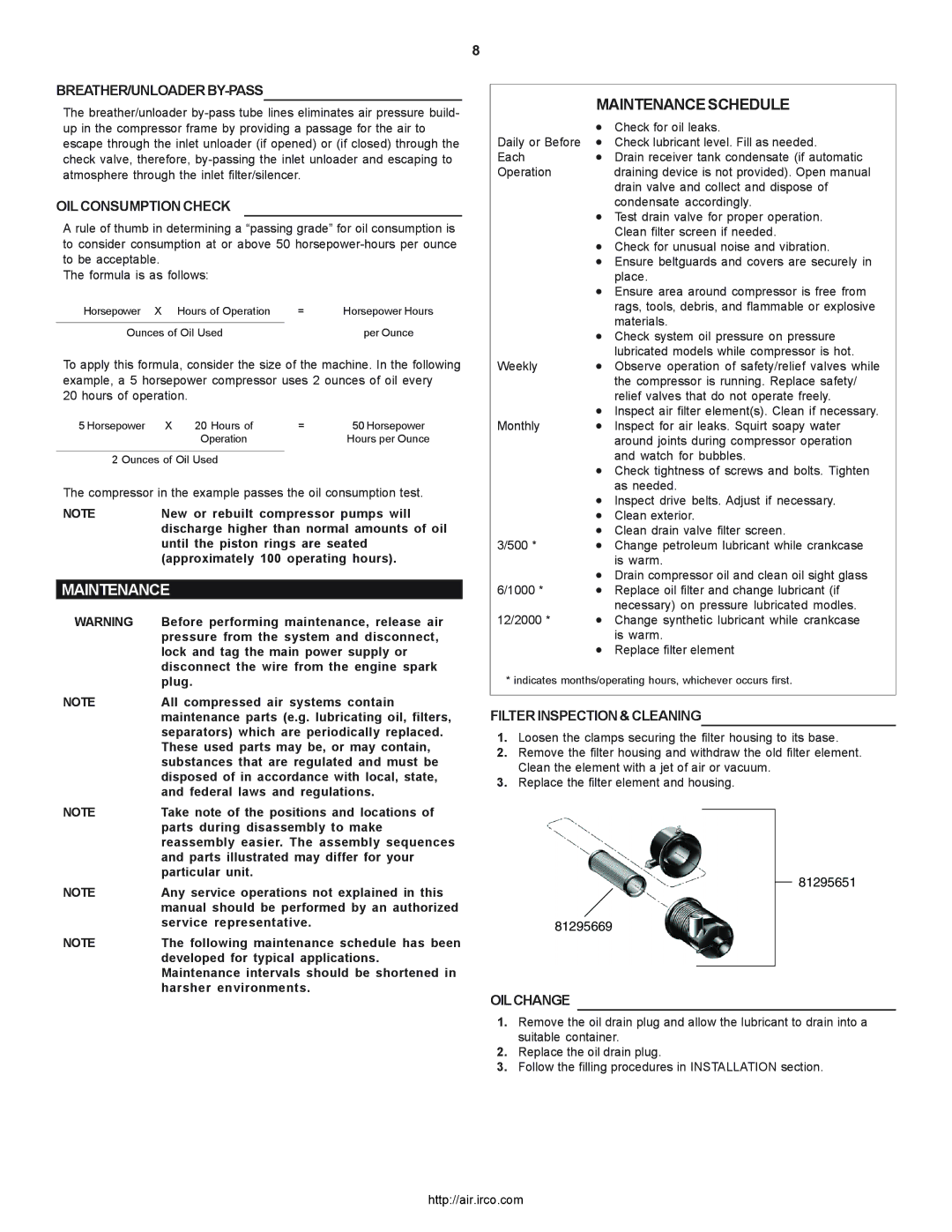 Ingersoll-Rand 2000P owner manual Maintenance Schedule 