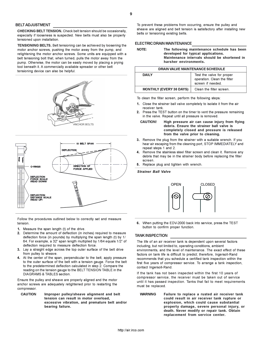 Ingersoll-Rand 2000P owner manual Beltadjustment, Electric Drain Maintenance, Tank Inspection, Strainer Ball Valve 