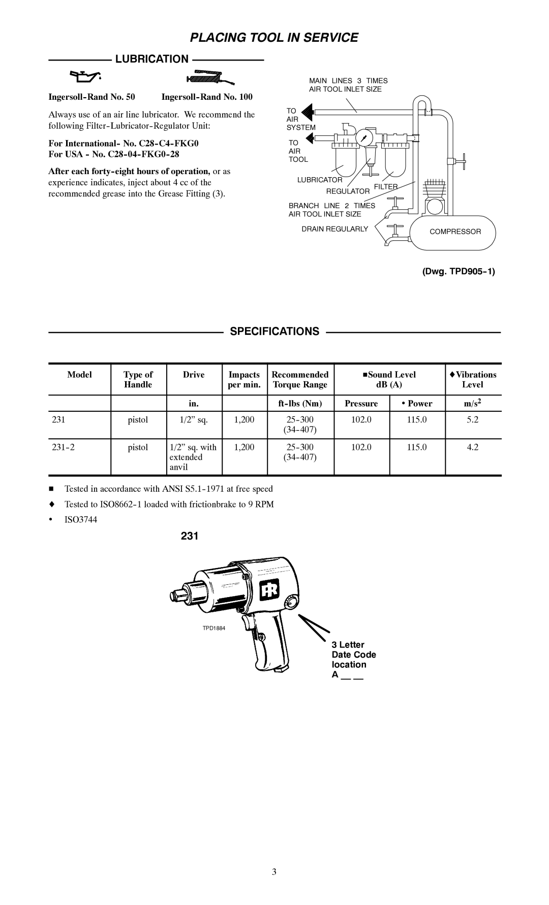 Ingersoll-Rand 231-2 Placing Tool in Service, Lubrication, Specifications, Dwg. TPD905--1, Letter Date Code location a 