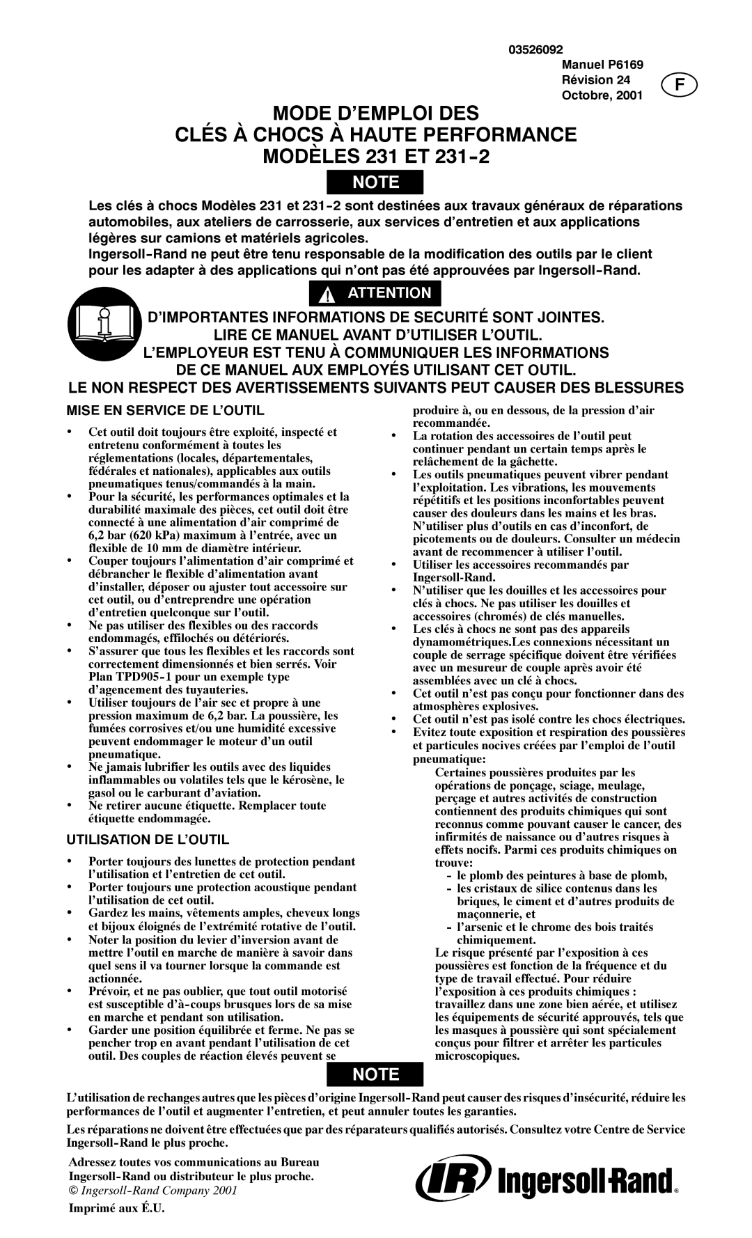 Ingersoll-Rand 231-2 manual Mise EN Service DE L’OUTIL, Utilisation DE L’OUTIL, Manuel P6169 Révision 24 F Octobre 