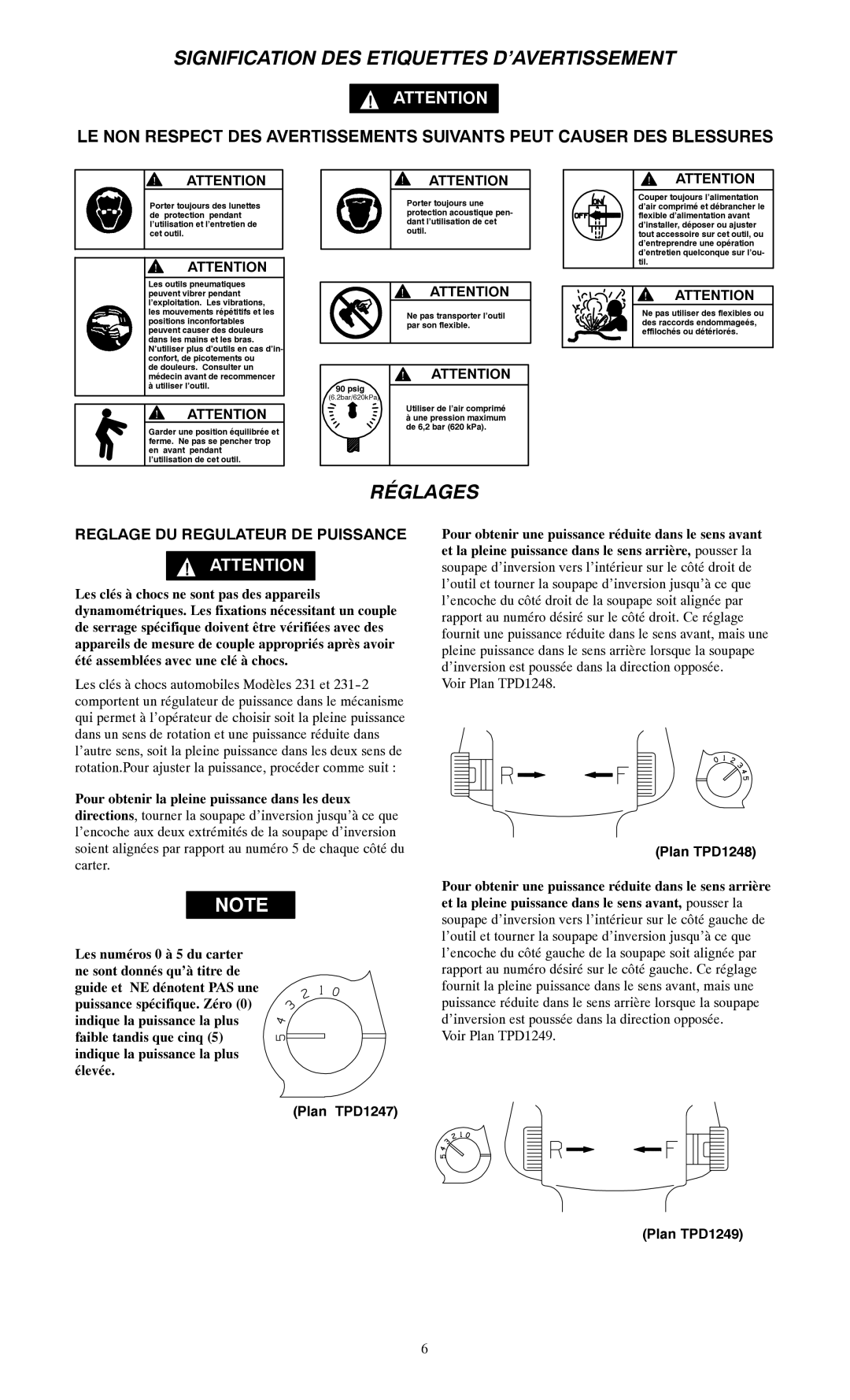 Ingersoll-Rand 231-2 manual Signification DES Etiquettes D’AVERTISSEMENT, Réglages, Reglage DU Regulateur DE Puissance 