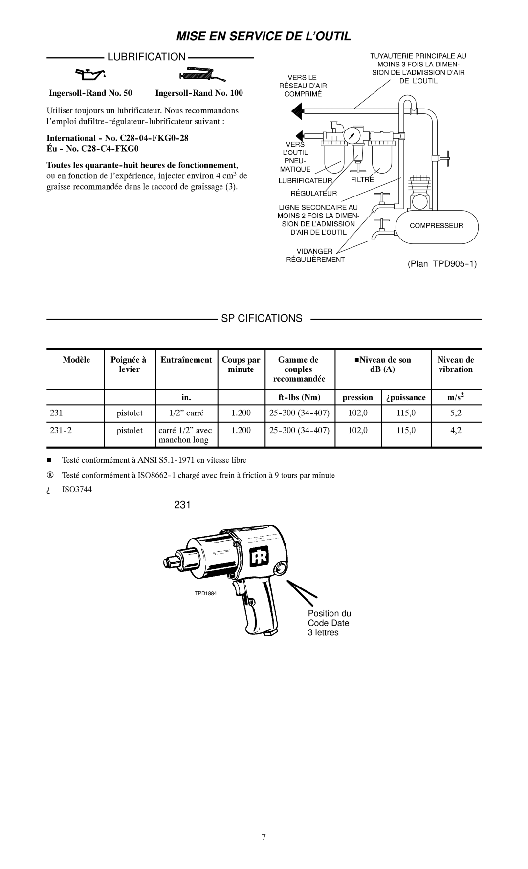 Ingersoll-Rand 231-2 manual Mise EN Service DE L’OUTIL, Lubrification, Spécifications, Plan TPD905--1 