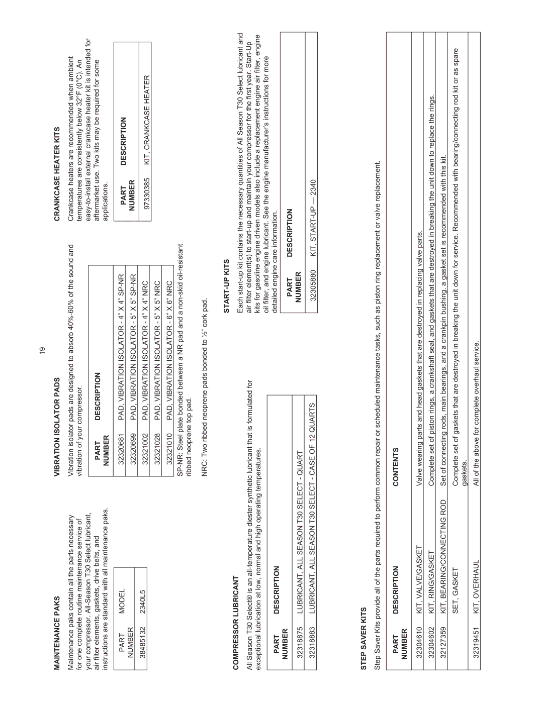 Ingersoll-Rand 2340 Maintenance Paks, Vibration Isolator Pads, Crankcase Heater Kits, Compressor Lubricant, START-UP Kits 