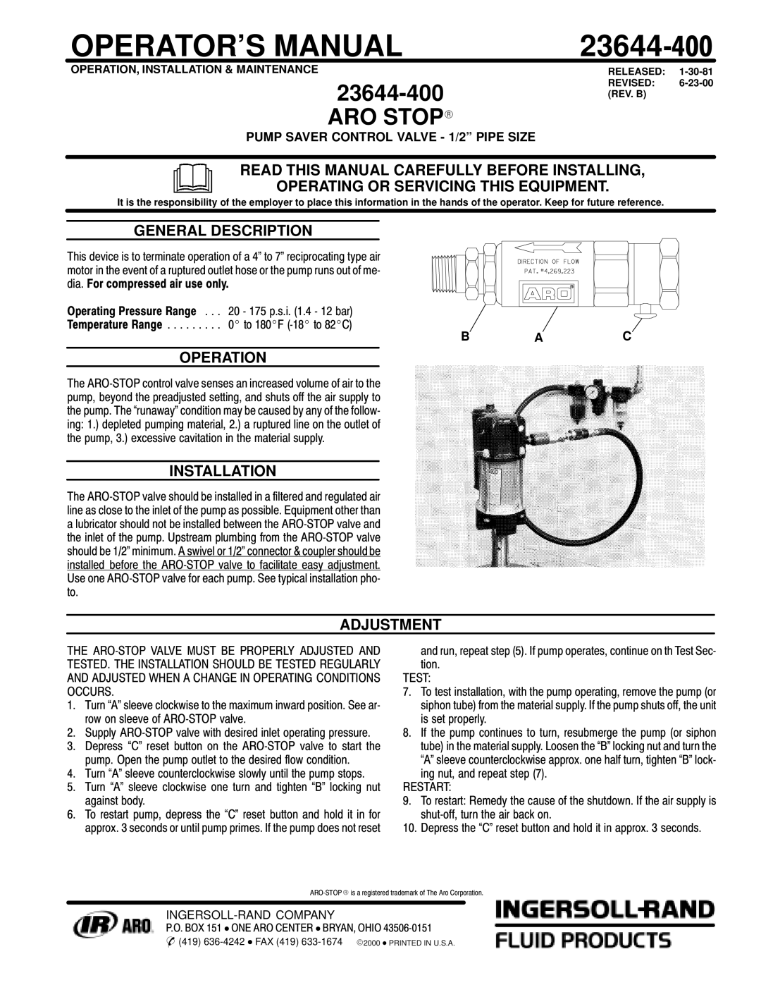 Ingersoll-Rand 23644-400 manual General Description, Operation, Installation, Adjustment 