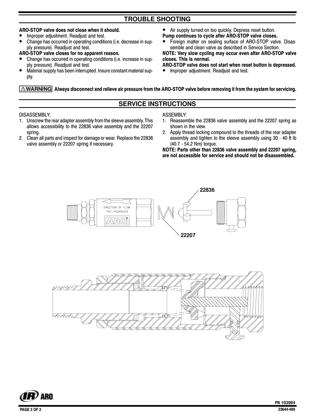 Ingersoll-Rand 23644-400 manual Trouble Shooting, Service Instructions, Disassembly, Assembly 