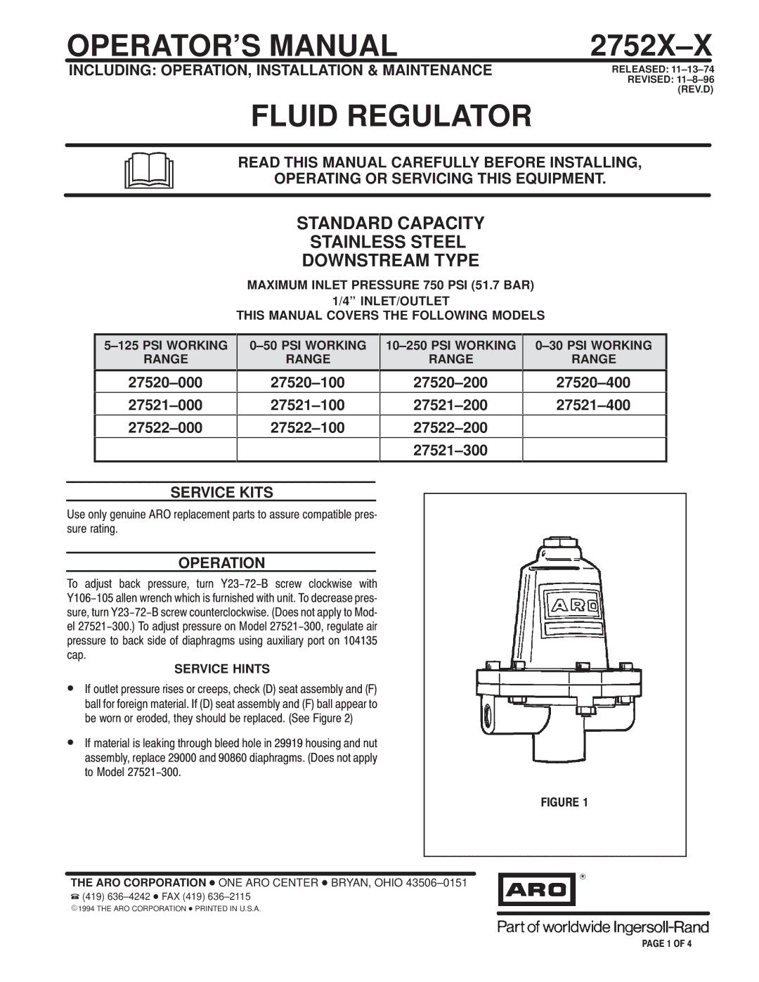 Ingersoll-Rand 2752X-X manual Including OPERATION, Installation & Maintenance, Service Kits, Operation 